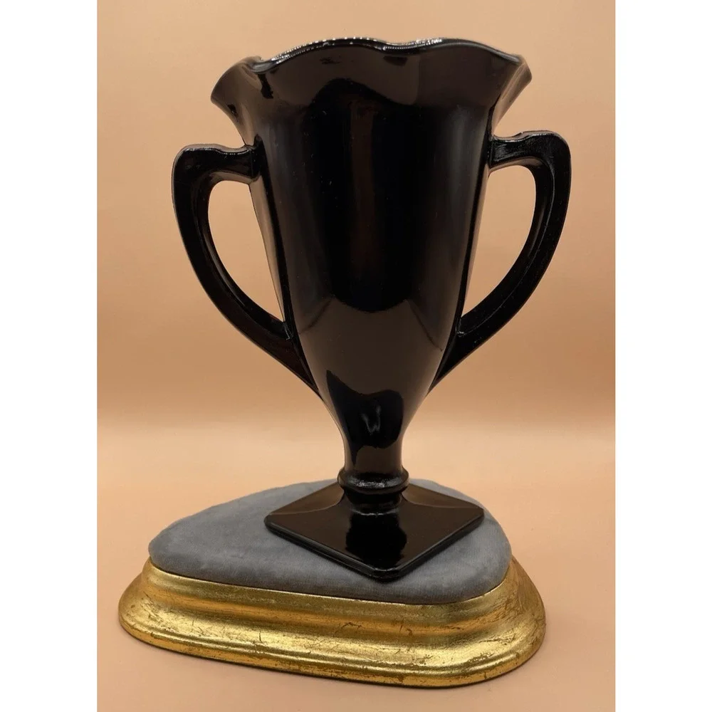 Vintage L.E. Smith Black Amethyst Glass Vase- Art Deco Two Dancing Nymphs
